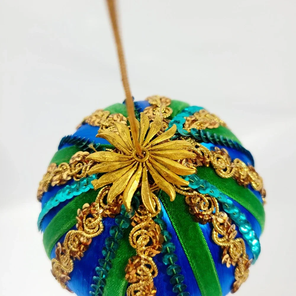 Vintage Large Satin Blue Green Ribbon Push Pin Ornament 4.5